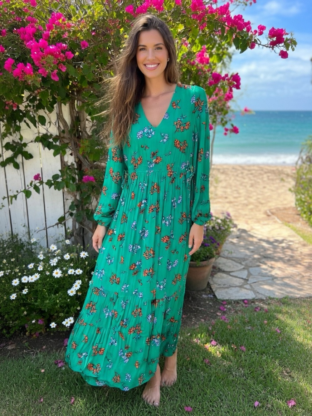 Lost + Wander Green Get Lucky Floral Long Sleeve Dress M